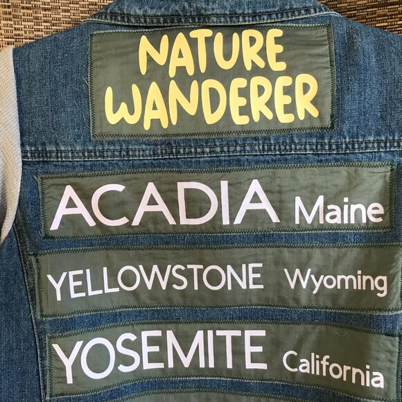 Upcycled Denim Jacket, Size M: Nature Wanderer Patches, Waffle Knit Sleeves - Picture 4 of 12